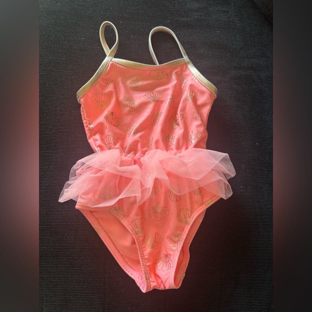 Pink Shell Print Swimsuit with Tulle Skirt